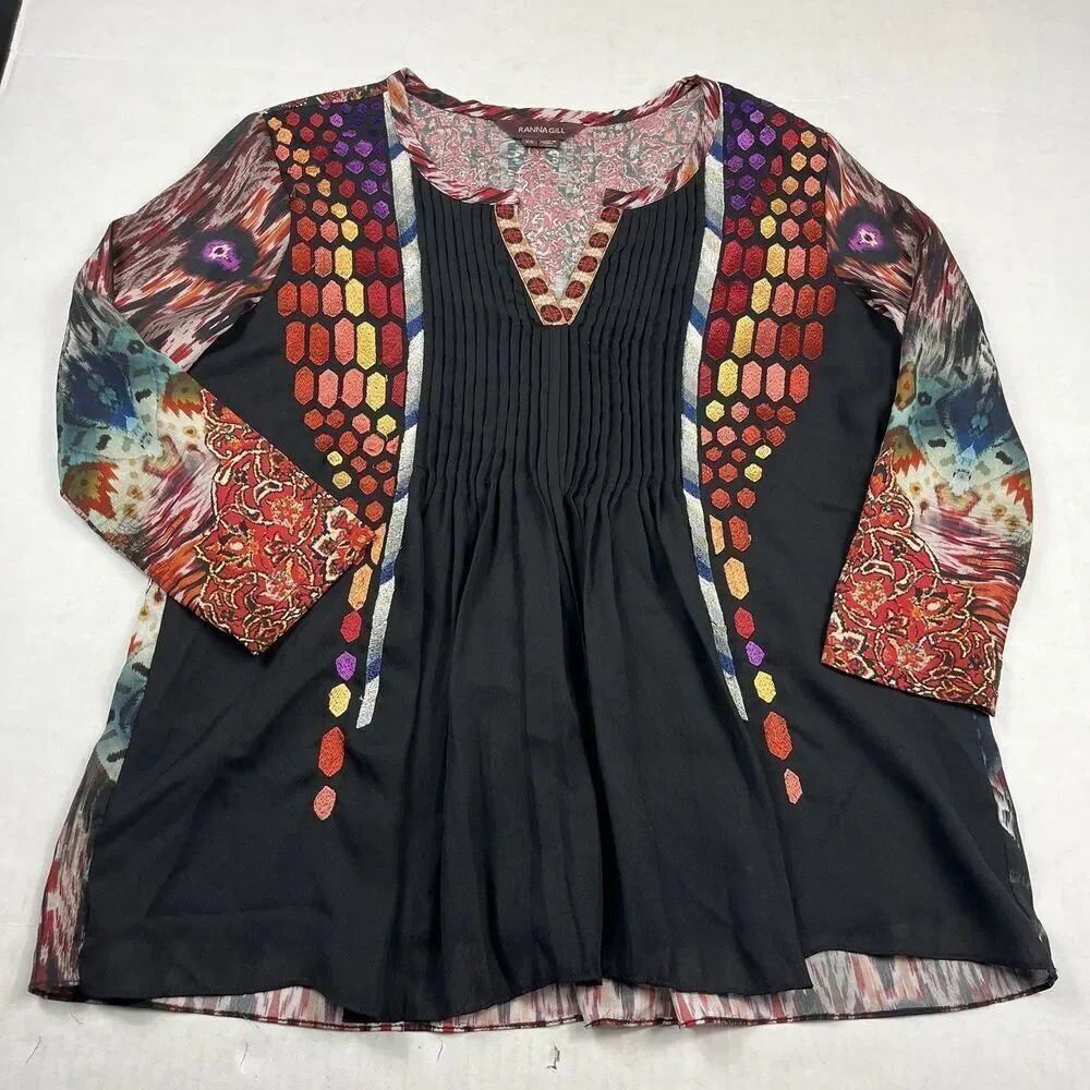 Ranna Gill Boho Tunic Blouse Embroidered Festival Top 3/4 Sleeve Boho Shirt XS